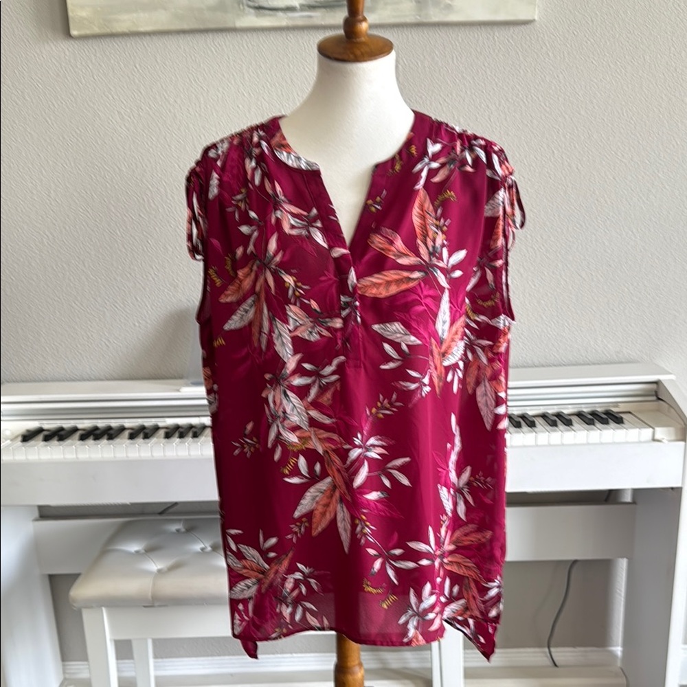Worthington Floral Burgundy Blouse Tie Shoulders Ladies XL